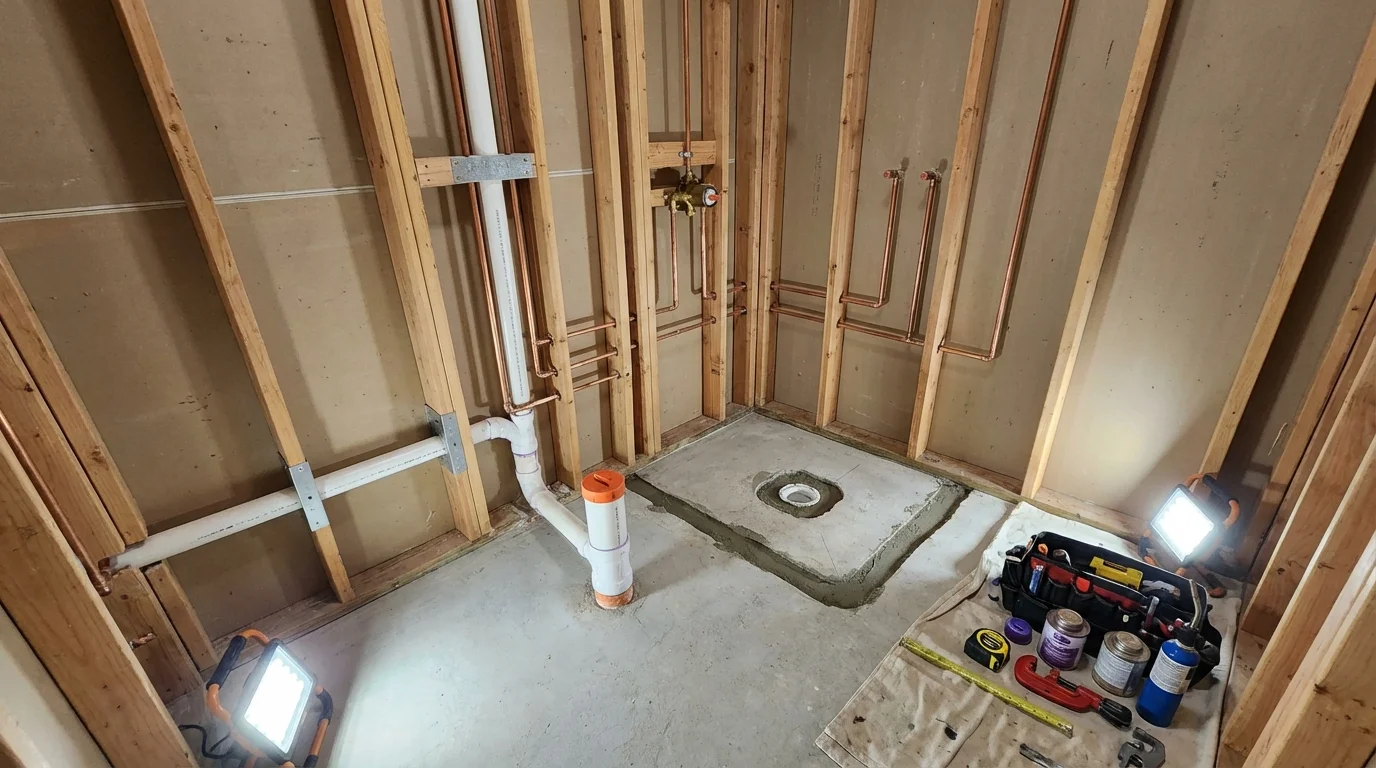 Bathroom rough-in plumbing during remodel by Johns Plumbing LLC in Hartselle