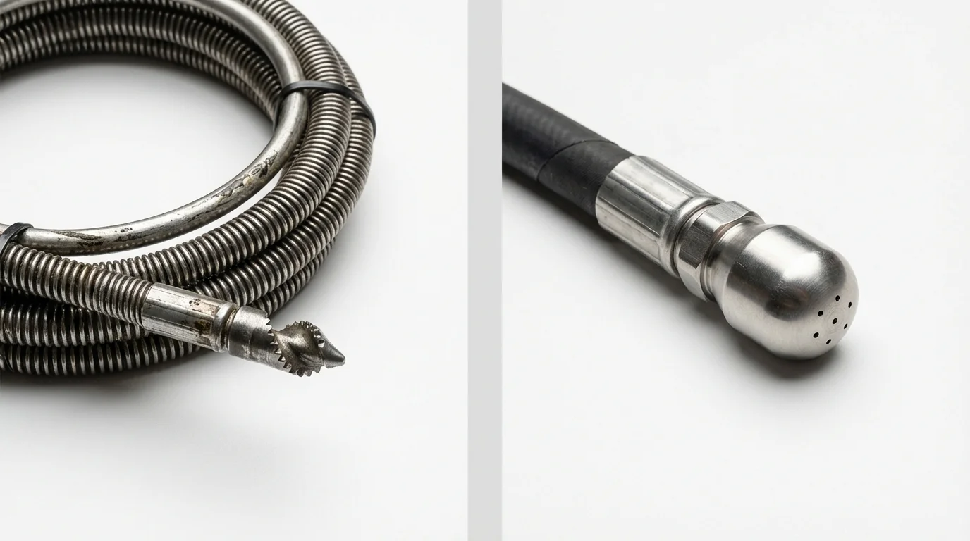 Drain snake cable and hydro jetting nozzle used for drain cleaning in Hartselle, AL