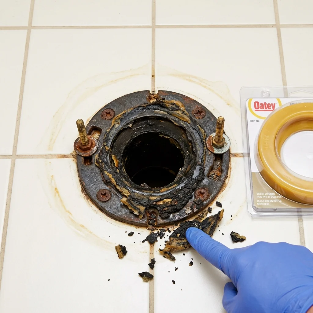 Failed wax ring showing water seepage at the base of a toilet in a Hartselle, AL home
