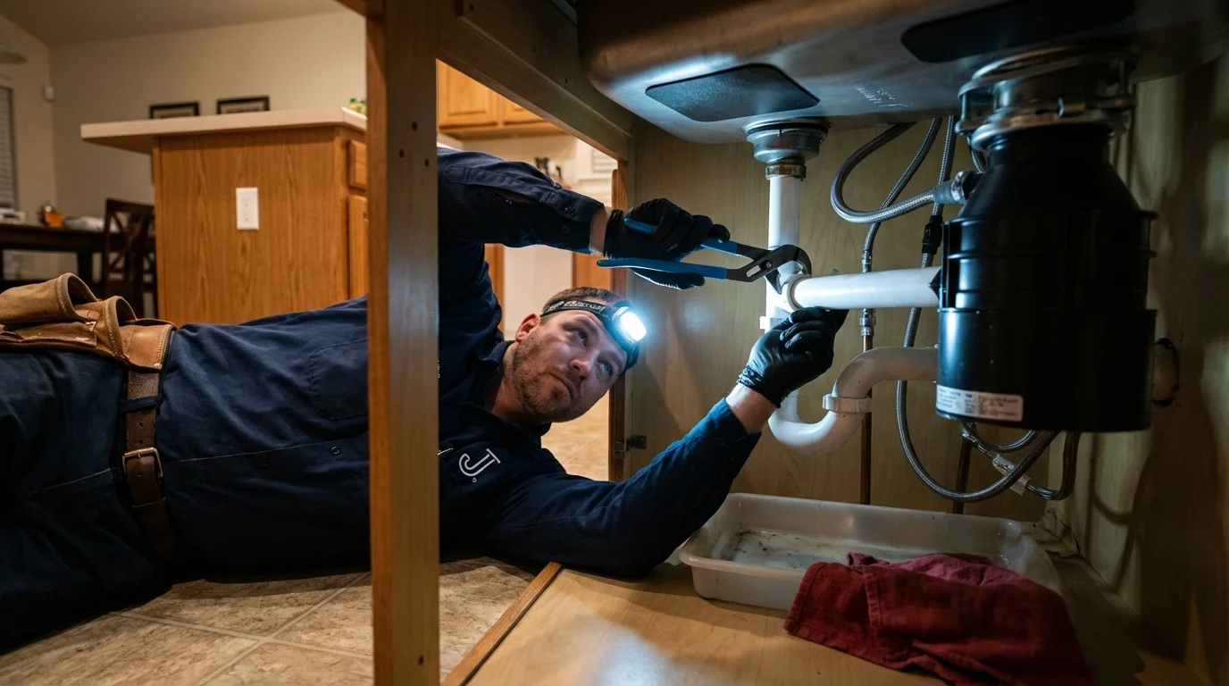 P-trap and supply line connections under a kitchen sink showing a common leak point in Hartselle, AL